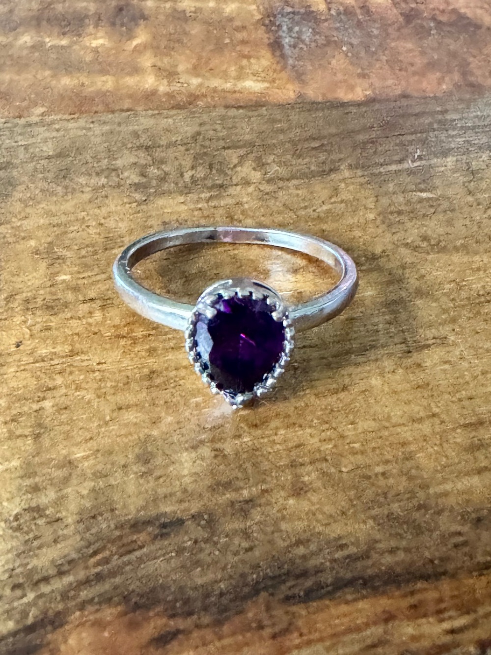 Silver-Tone Pear-Cut Purple Stone Halo Ring